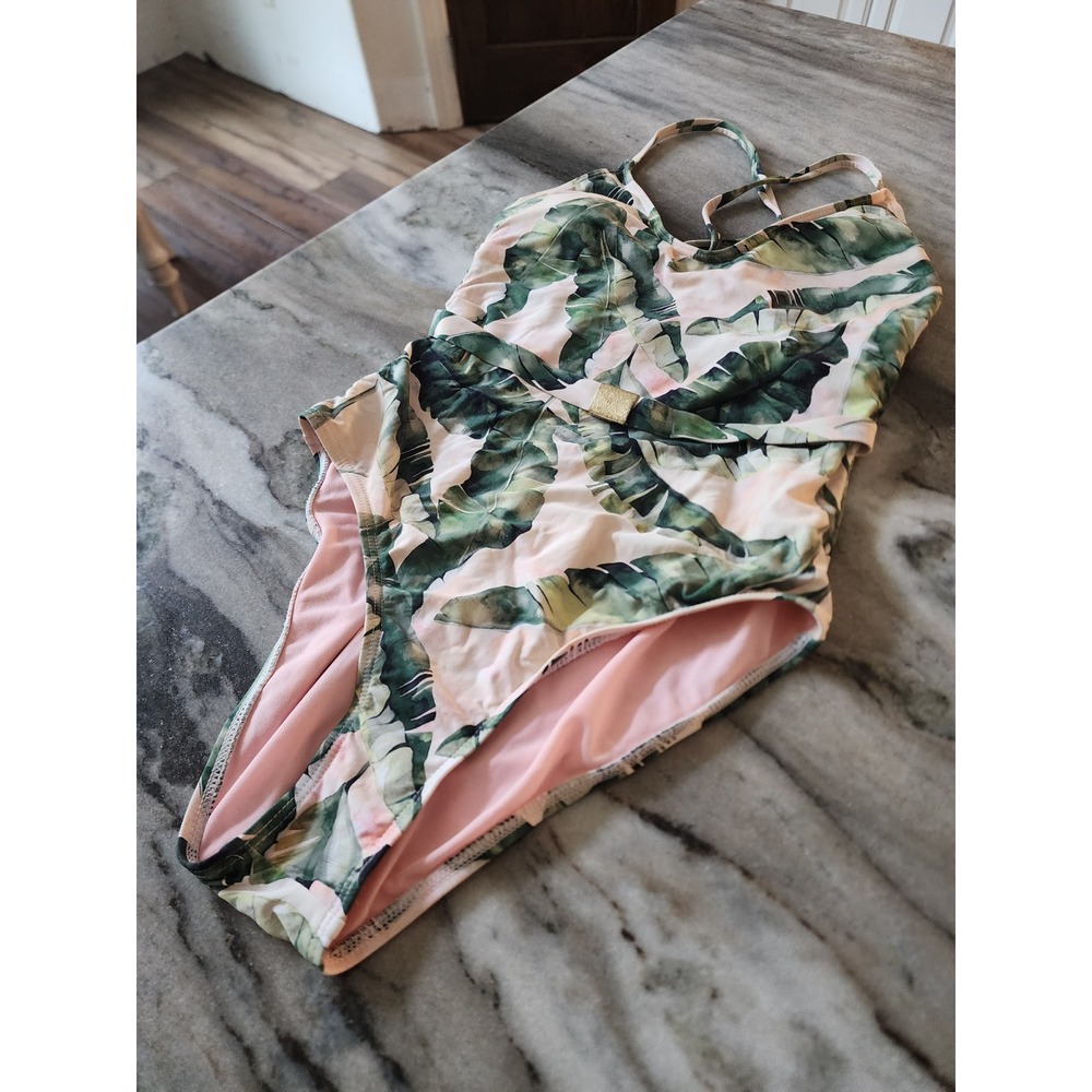 Antonio Melani Pink Tropical Banana Leaf Belted One Piece Swimsuit Size 10
